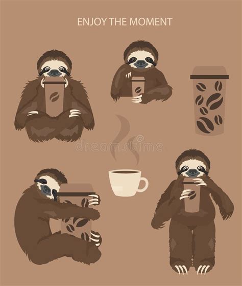 Sloths Drink Coffee Seamless Pattern Funny Cartoon Animals In