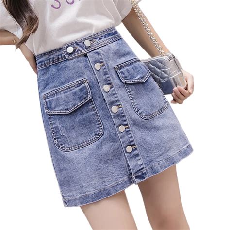 2018 Summer Single Breasted Denim Skirts Womens High Waist Pockets Mini Jeans Skirt Plus Size