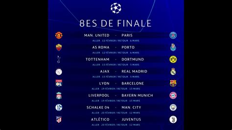 Le tirage des quarts de finale était intégral, toutes les équipes étaient dans le même pot, sans têtes de série ni protections géographiques. Tirage de la 16ème et 8ème de final UEFA league et cup ...
