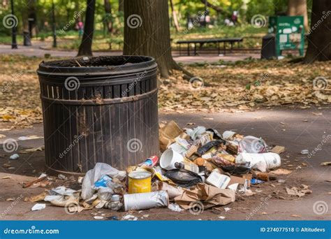Trash Can Overflowing In Busy City Park With Cigarette And Litter