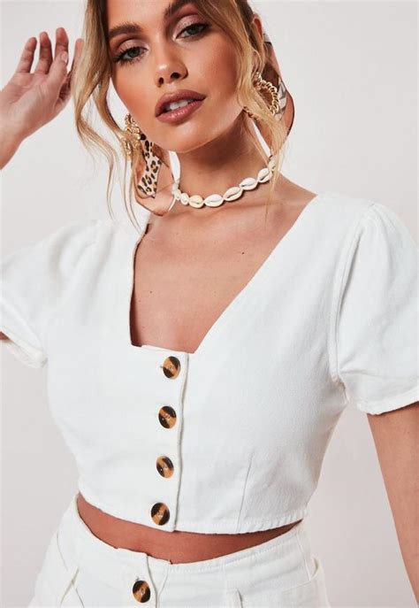 Petite White Co Ord Cropped Horn Button Denim Top | Missguided
