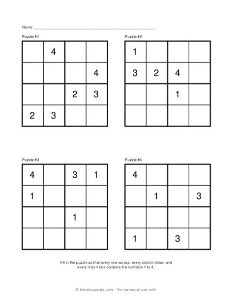 Printable Sudoku For Kids 4x4 Grid Easy