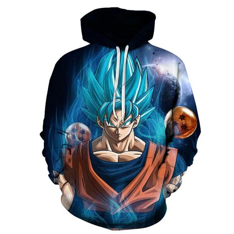 Main blue colorway, left sleeve and hood lining in orange. Goku Super Saiyan Blue Dragon Balls Hoodie - The Saiyan Shop