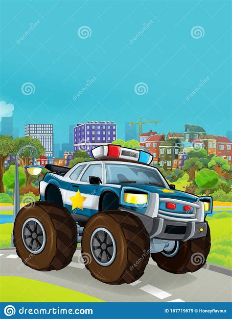 Cartoon Scene With Police Car Vehicle On The Road Near The Garage Or