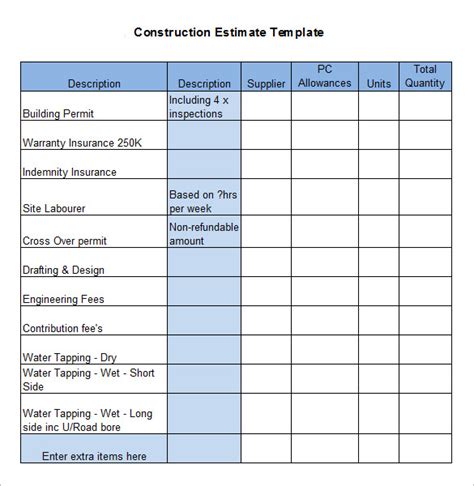 Residential Construction Budget Template Excel