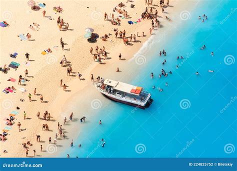 View Of Navagio Beach Zakynthos Island Greece People Relaxing On The