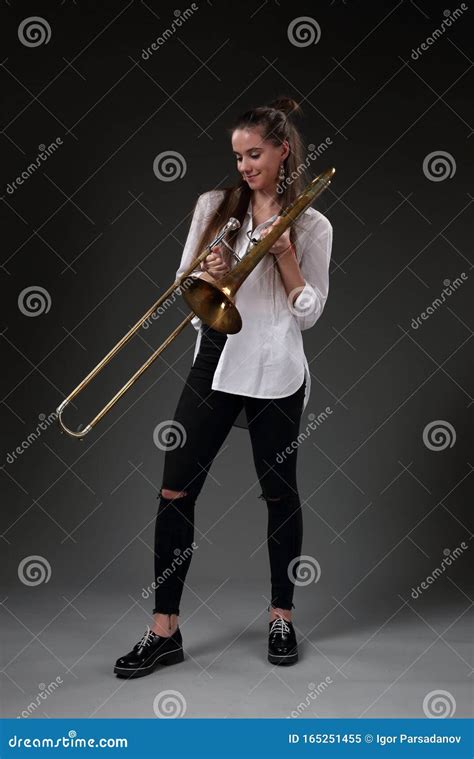 Cute Girl With Trombone Stock Image Image Of Musician