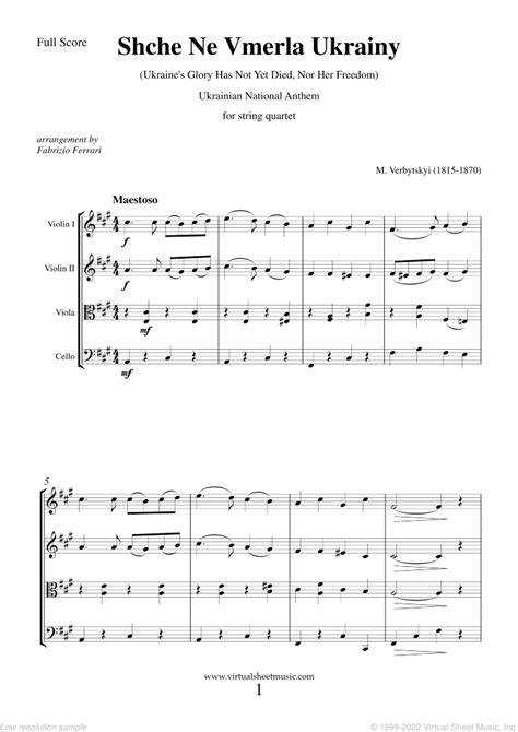 Free Shche Ne Vmerla Ukrainy Ukrainian National Anthem Sheet Music For String Quartet