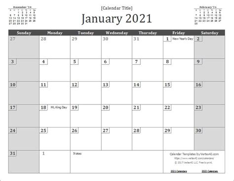 A Calendar For January With The Holidays On It