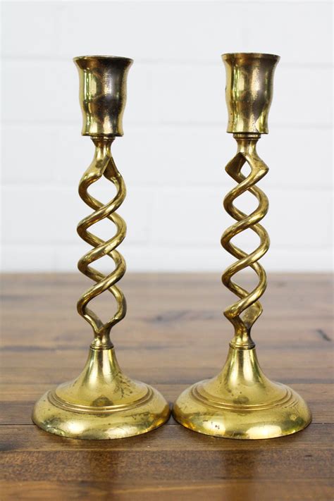Pair Vintage Brass Spiral Candlestick Holders Matching Candlesticks