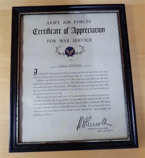 Army Air Forces Certificate Of Appreciation For War Service Framed With