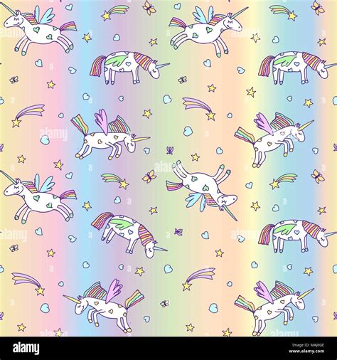 Vector Illustration Of Seamless Pattern From Cute Unicorns On Pastel
