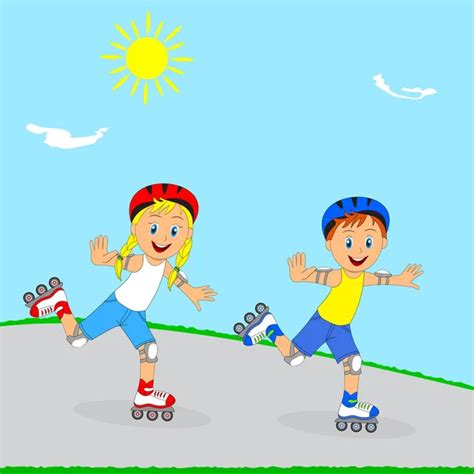 Ilustración Vectorial Niños Felices Jugando Con Patines Y Sonriendo