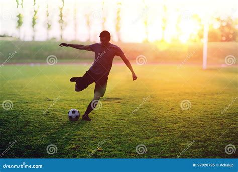 Soccer Player Is Shooting A Ball In Stadium At Sunset Stock Image