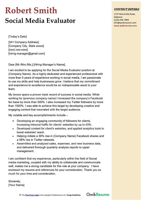 Social Media Evaluator Cover Letter Examples Qwikresume