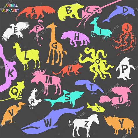 Animal Alphabet Poster For Children Animal Silhouettes With Names And