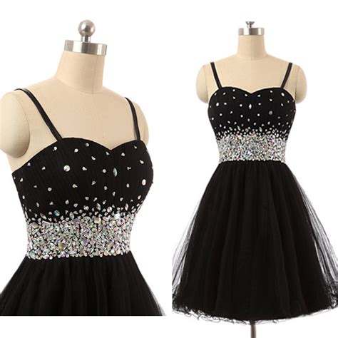 Sparkly Black Homecoming Dresses Short Prom Dresses Spaghetti Straps Tulle Crystal Mini Dresses