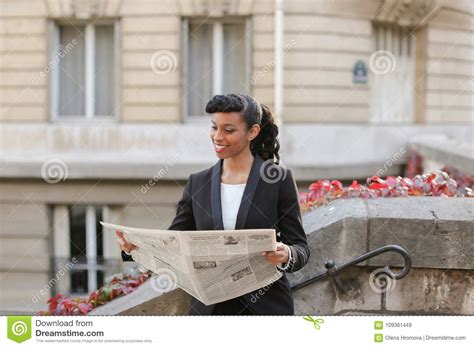 Journalist Reading Newspaper Near High Building Stock Image Image Of