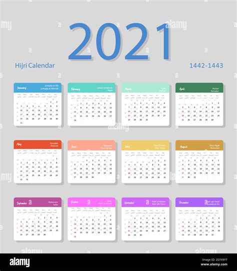 Hijri Islamic Calendar 2021 From 1442 To 1443 Vector Template Stock