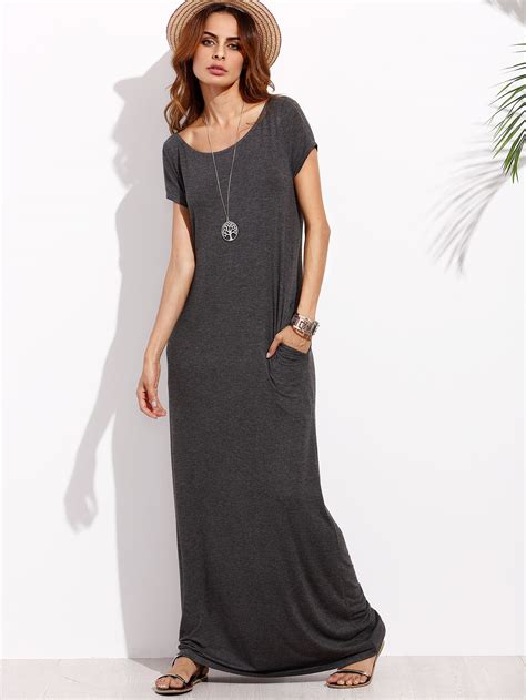 Shop Dark Grey Pocket Short Sleeve Maxi Dress Online Shein Offers Dark