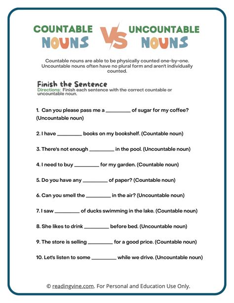 Countable And Uncountable Nouns Worksheets Examples Countable And