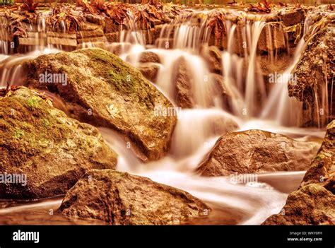 Beautiful Waterfall Landscape Wild River Streaming Through Stones In