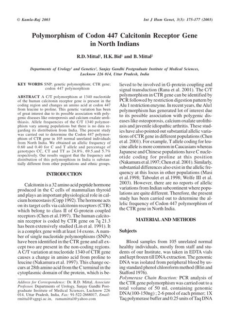 Pdf Polymorphism Of Codon 447 Calcitonin Receptor Gene In North Indians