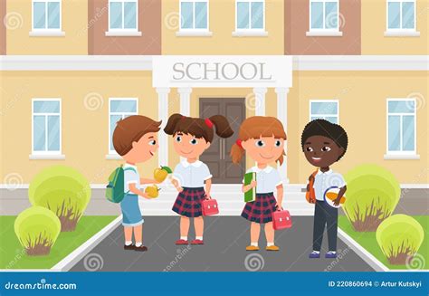Happy Kids In Front Of School Building Entrance Funny Diverse Group Of