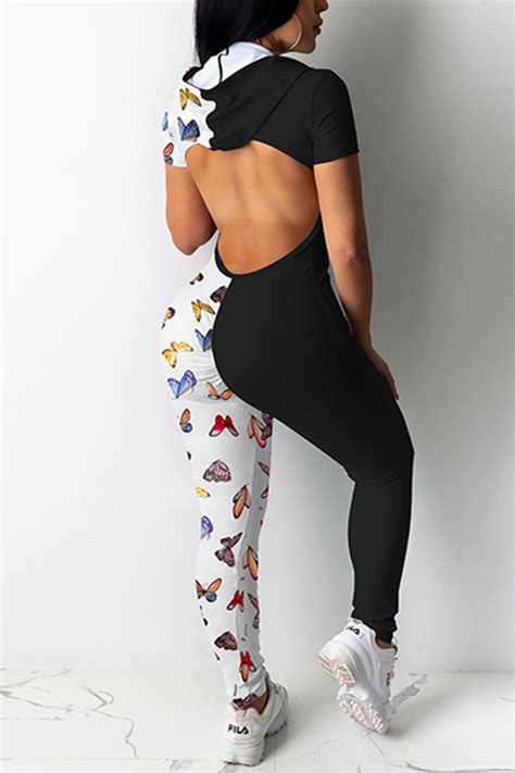 Sexy Patchwork Printed Black Skinny Jumpsuit
