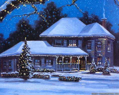 House Winter Christmas Scenery Painting Wallpapers
