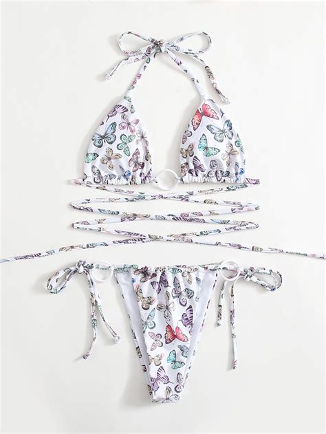 Allover Butterfly Graphic Halter Bikini Swimsuit