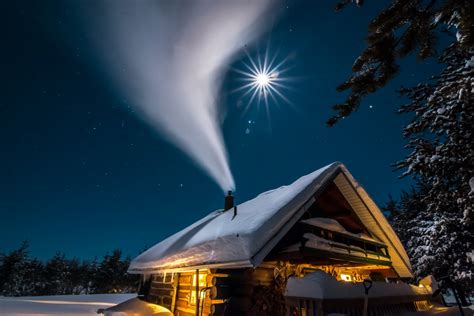 2560x1709 Wood House Nature Landscape Chimneys Smoke Moon Moonlight