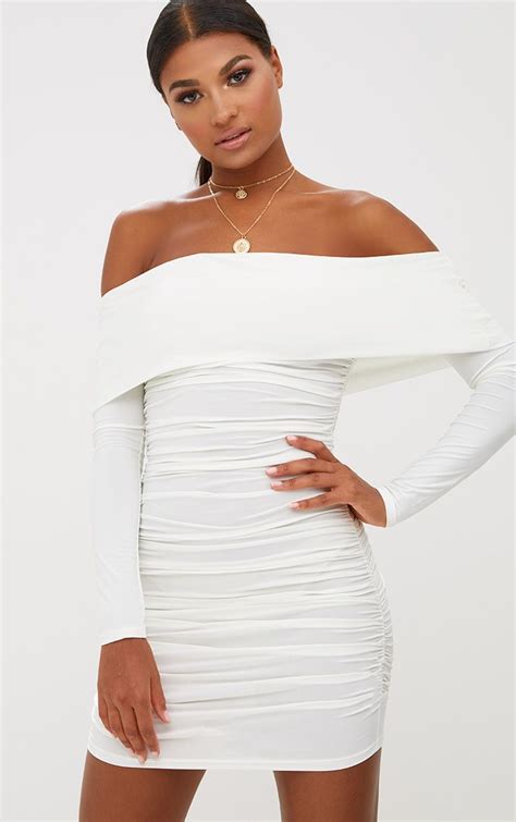 white ribbed long sleeve bardot ruched bodycon dress bardot dresses women s off the shoulder