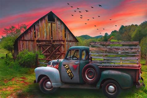 Old Truck At The Barn Watercolors Painting With Logo Photograph By