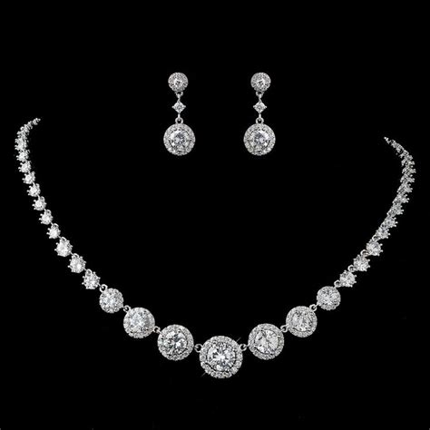 Silver Rhodium Clear Round Pave CZ Necklace Earring Bridal Wedding Jewelry Set Cz Wedding