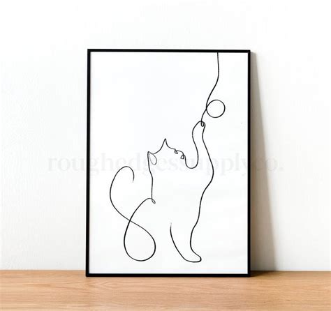 A Black And White Drawing Of A Cat With A Ball On Its Tail
