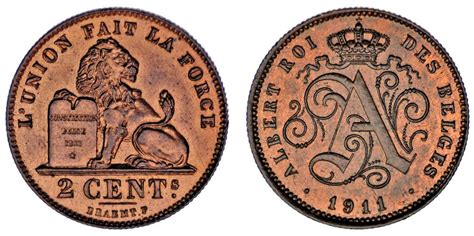 2 Cents Belgium Albert I 2 CÉntimos BÉlgica Alberto I Cu 1911 Uncsc