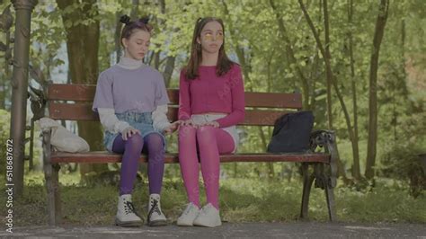Quarrel Girls On A Park Bench Insult One Friend To Another