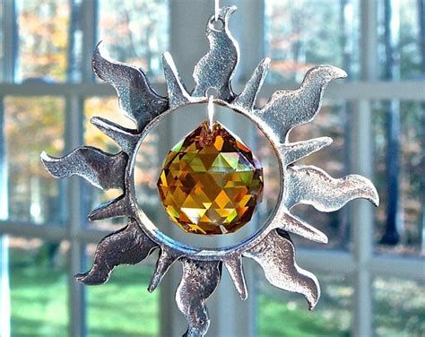 Pewter And Swarovski Crystal Sun Ornament Window Prism Light Catcher