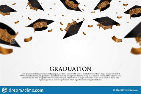 Flying Golden Graduation Caps With Gold Confetti On The Air For