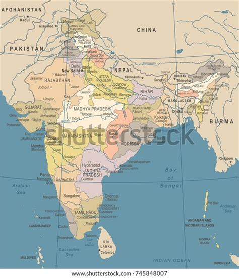India Map Vintage Detailed Vector Illustration