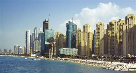 City Of Skyscrapers Dubai Marina In The Sunny Day With Front Line Of