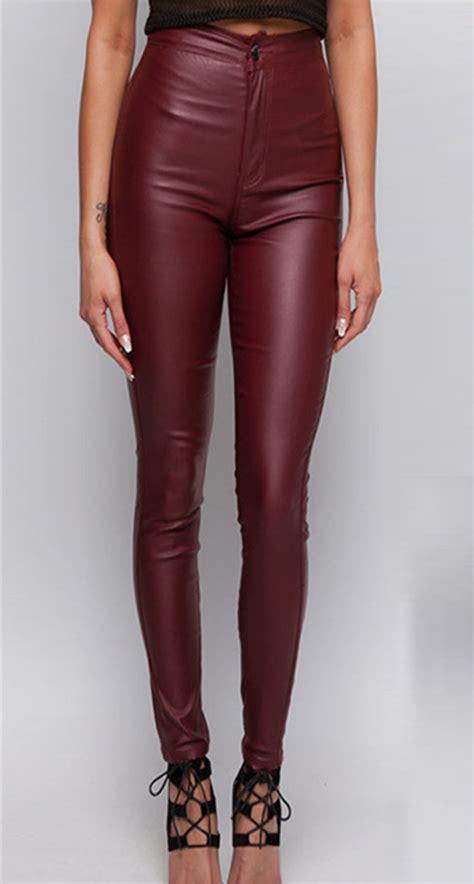 buy high waisted wine red faux leather locomotive jeans plus size tight skinny