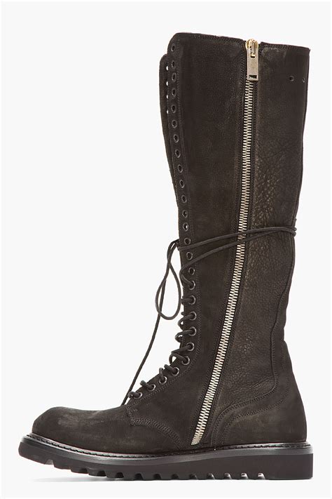 Rick Owens Black Nubuck And Leather Knee High Laceup Combat Boots For