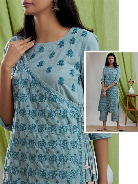 Buy Blue Chikankari Cotton Angrakha Kurta With Pants Set Of 2 Online