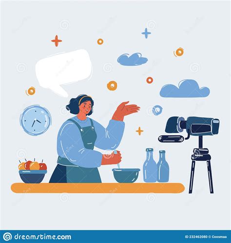 Vector Illustration Of Woman Is Cooking In The Kitchen And Make Videoconcept For Her Blog Stock