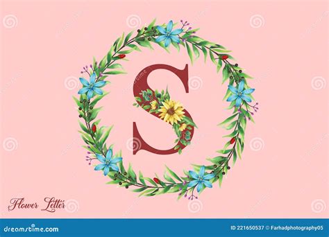 S Floral Alphabet With Watercolor Flowers And Leaf Letter With Plants