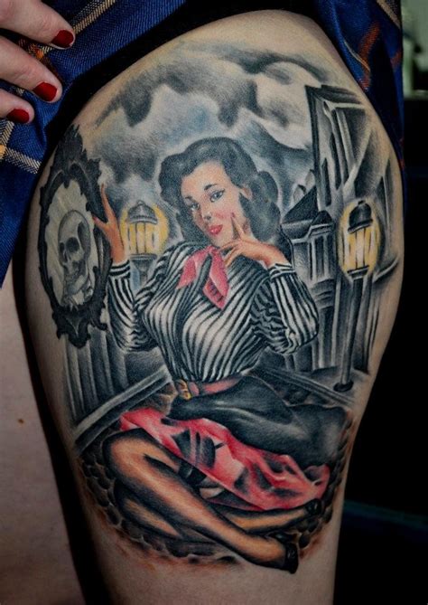 Beautiful Vintage Pin Up Tattoo On Thigh By Benjamin Laukis