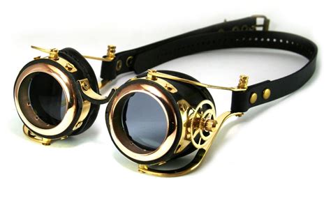 Steampunk Goggles Black Leather Polished Brass Gears Flex Solid Frames