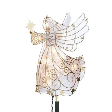 Lighted Angel Tree Topper In Frosty Glass With Gold Outline And Stars